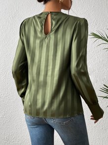 SHEIN Essnce Solid Puff Sleeve Mock Neck Blouse - Army Green - View 2