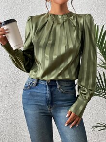 SHEIN Essnce Solid Puff Sleeve Mock Neck Blouse - Army Green - View 4