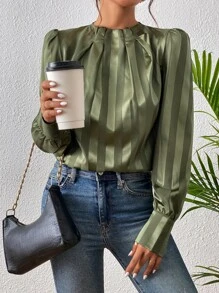 SHEIN Essnce Solid Puff Sleeve Mock Neck Blouse - Army Green - View 5