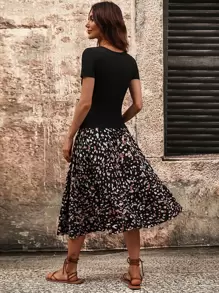 SHEIN Clasi Scoop Neck Tee & Dalmatian Print Skirt - Black - View 2