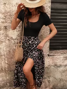 SHEIN Clasi Scoop Neck Tee & Dalmatian Print Skirt - Black - View 4