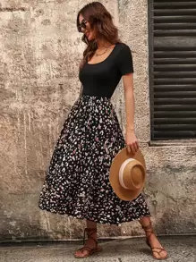 SHEIN Clasi Scoop Neck Tee & Dalmatian Print Skirt - Black - View 5