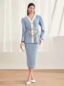 Modelyn 格紋印花泡泡袖外套和後背開衩半身裙附腰帶 - 淺藍色 - 查看 1