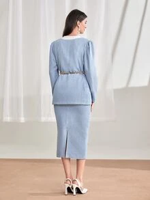 Modelyn 格紋印花泡泡袖外套和後背開衩半身裙附腰帶 - 淺藍色 - 查看 2