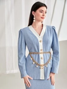 Modelyn 格紋印花泡泡袖外套和後背開衩半身裙附腰帶 - 淺藍色 - 查看 3