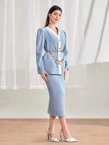 Modelyn 格紋印花泡泡袖外套和後背開衩半身裙附腰帶 - 淺藍色 - 查看 5