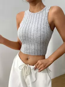 SHEIN EZwear Rib-knit Crop Tank Top - Light Grey - View 1