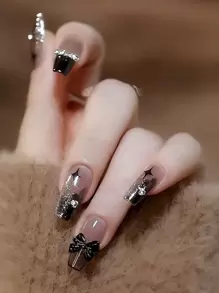 Upgrade Your Style 24pcs Medium To Long Coffin-Shaped Press-On Nails, Black And Silver Butterfly Design, Complete Nail Set With 1pc Jelly Gel And 1pc Nail File. Ideal For Party, Dance, And Daily Wear. - Multicolor - View 1