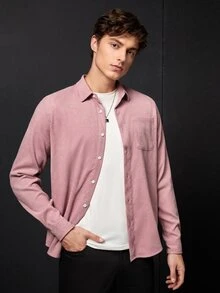 Manfinity 1入組素色前紐扣口袋貼布燈芯絨襯衫 - 藕粉色 - 查看 6