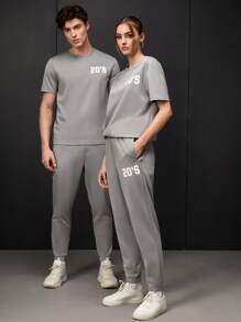 Manfinity VCAY 1pc Letter Graphic Tee & 1pc Drawstring Waist Joggers - Grey - View 1
