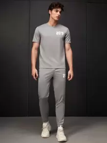 Manfinity VCAY 1pc Letter Graphic Tee & 1pc Drawstring Waist Joggers - Grey - View 7