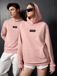 Manfinity 1pc Letter Graphic Kangaroo Pocket Hoodie - Dusty Pink - View 3