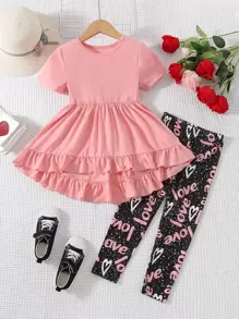 Toddler Girls Ruffle Hem Tee & Letter Graphic Leggings - Multicolor - View 1