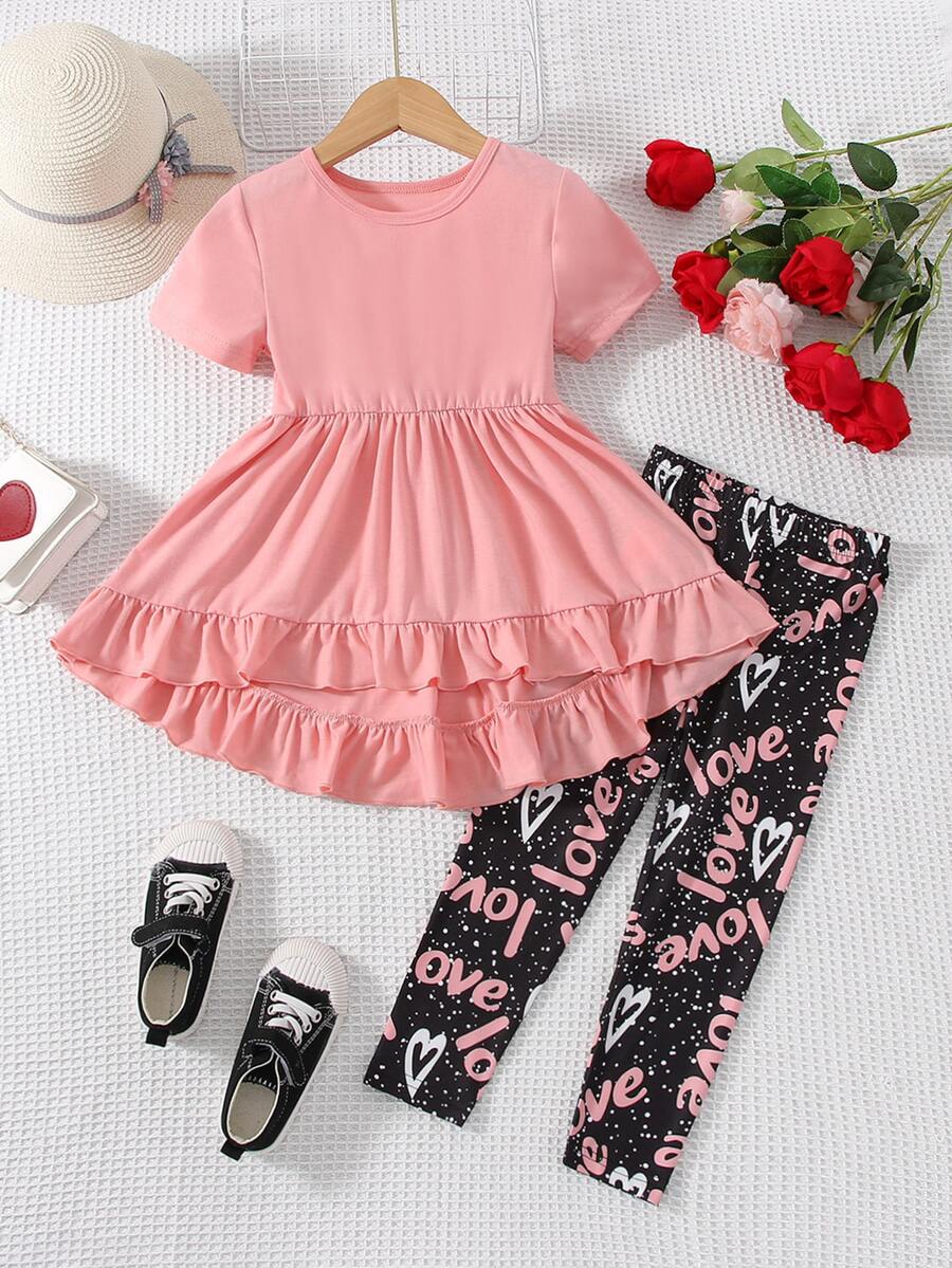 Toddler Girls Ruffle Hem Tee & Letter Graphic Leggings - Multicolor - View 1