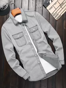 Manfinity Men Flap Pocket Denim Shirt Without Tee - Light Grey - View 1