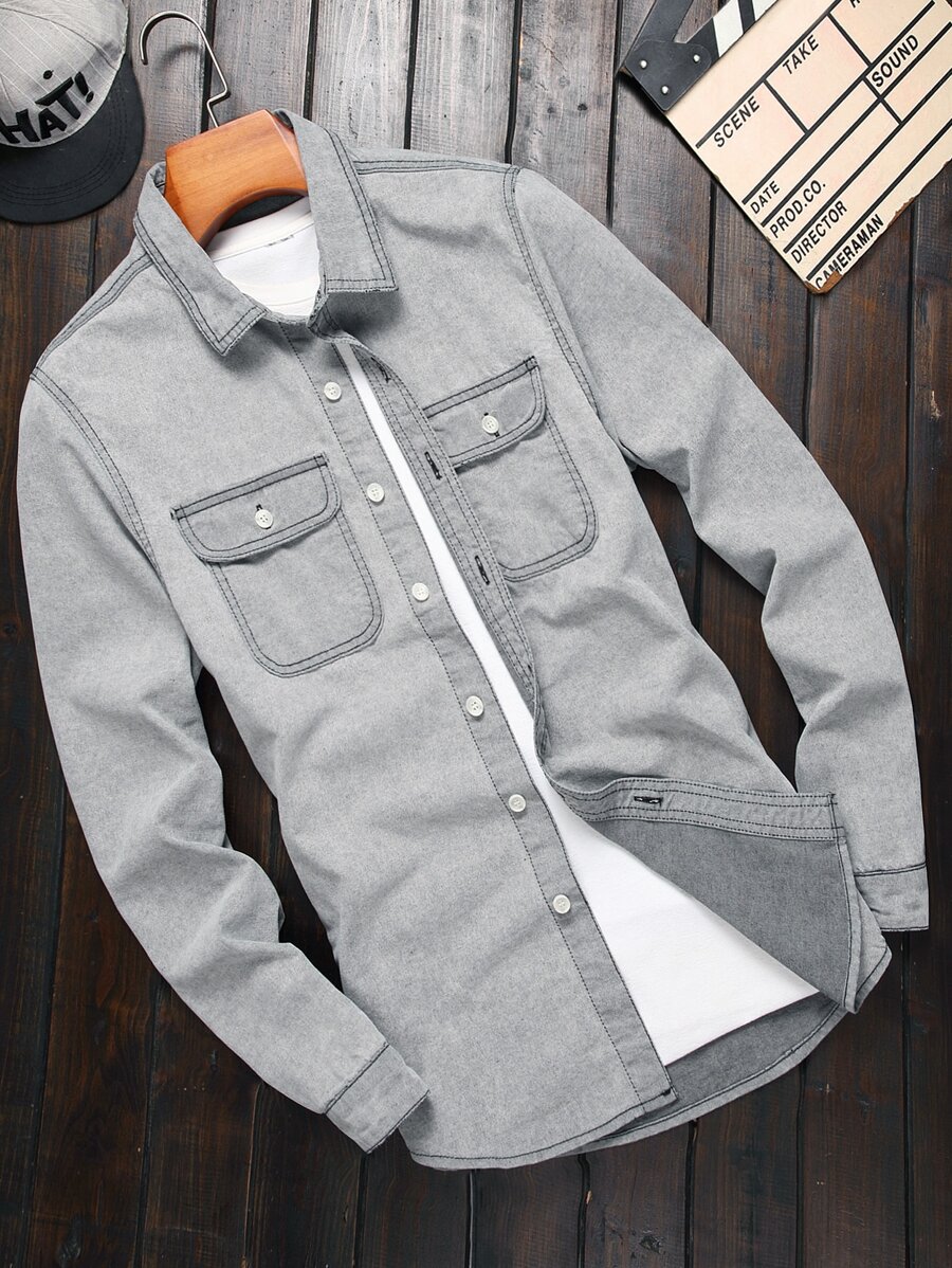 Manfinity Men Flap Pocket Denim Shirt Without Tee - Light Grey - View 1