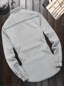 Manfinity Men Flap Pocket Denim Shirt Without Tee - Light Grey - View 2