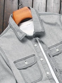 Manfinity Men Flap Pocket Denim Shirt Without Tee - Light Grey - View 3