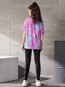 SHEIN Explorewe 青少年女孩紮染落肩T恤和字母圖案緊身打底褲