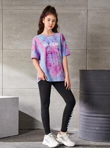 SHEIN Explorewe 青少年女孩紮染落肩T恤和字母圖案緊身打底褲