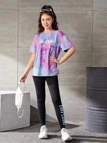 SHEIN Explorewe 青少年女孩紮染落肩T恤和字母圖案緊身打底褲