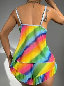 Ombre Contrast Lace Ruffle Hem Mesh Lingerie Set