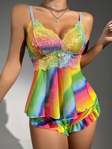 Ombre Contrast Lace Ruffle Hem Mesh Lingerie Set