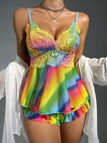 Ombre Contrast Lace Ruffle Hem Mesh Lingerie Set