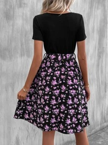 SHEIN LUNE Floral Print A-line Dress - Black - View 2