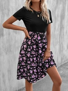 SHEIN LUNE Floral Print A-line Dress - Black - View 7