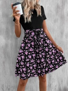 SHEIN LUNE Floral Print A-line Dress - Black - View 4