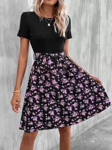 SHEIN LUNE Floral Print A-line Dress - Black - View 1