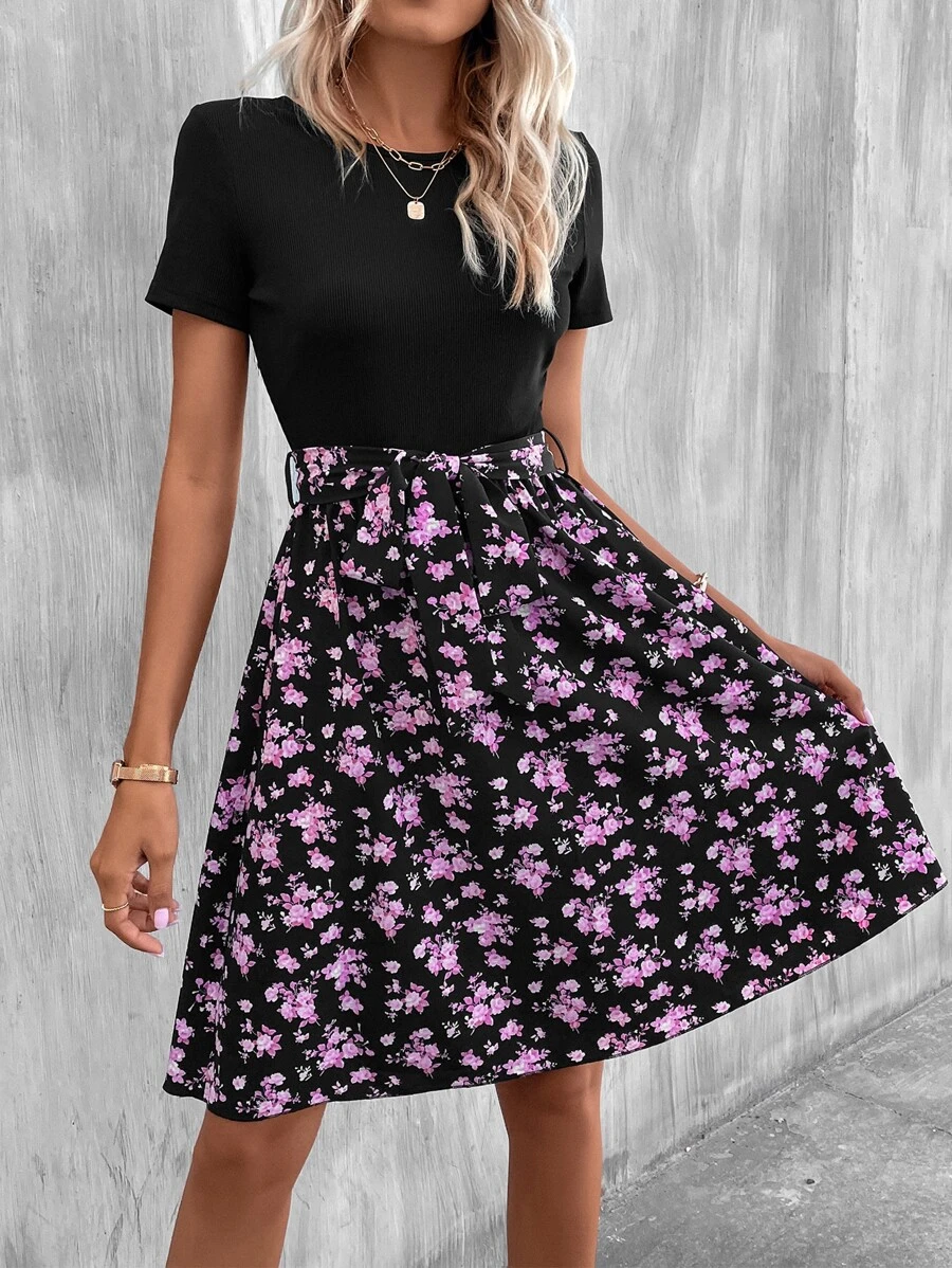 SHEIN LUNE Floral Print A-line Dress - Black - View 1