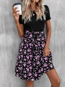 SHEIN LUNE Floral Print A-line Dress - Black - View 6