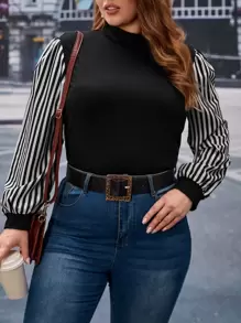 SHEIN Essnce áo nữ kích thước lớn Gân đan Sọc Giải trí - Đen và trắng - Xem 1