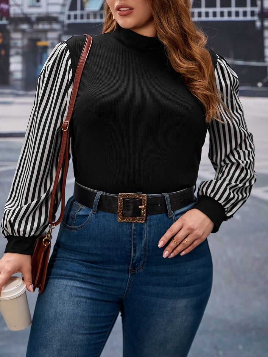 SHEIN Essnce áo nữ kích thước lớn Gân đan Sọc Giải trí - Đen và trắng - Xem 1