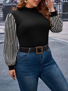 SHEIN Essnce áo nữ kích thước lớn Gân đan Sọc Giải trí - Đen và trắng - Xem 4