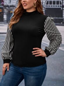 SHEIN Essnce áo nữ kích thước lớn Gân đan Sọc Giải trí - Đen và trắng - Xem 5
