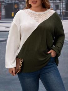 SHEIN LUNE 大碼雙色落肩袖華夫格編織T恤 - 彩色 - 查看 1