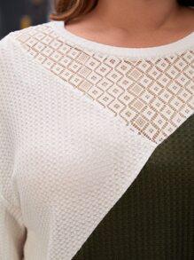 SHEIN LUNE 大碼雙色落肩袖華夫格編織T恤 - 彩色 - 查看 4