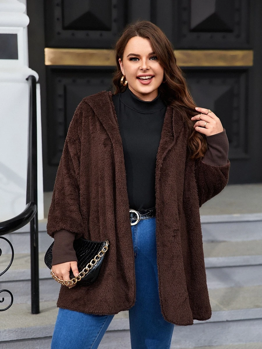 SHEIN Essnce Abrigo teddy de hombros caídos con capucha - Café integral - Ver 1