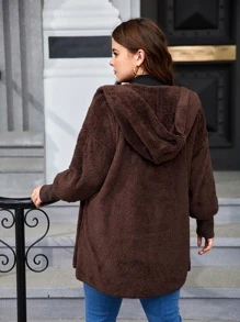 SHEIN Essnce Abrigo teddy de hombros caídos con capucha - Café integral - Ver 2