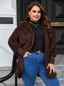 SHEIN Essnce Abrigo teddy de hombros caídos con capucha - Café integral - Ver 3