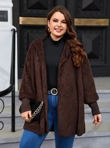 SHEIN Essnce Abrigo teddy de hombros caídos con capucha - Café integral - Ver 4