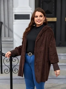 SHEIN Essnce Abrigo teddy de hombros caídos con capucha - Café integral - Ver 5