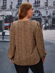 SHEIN Frenchy 大碼豹紋印花燈籠袖襯衫 - 駝色 - 查看 2