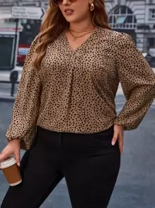 SHEIN Frenchy 大碼豹紋印花燈籠袖襯衫 - 駝色 - 查看 4