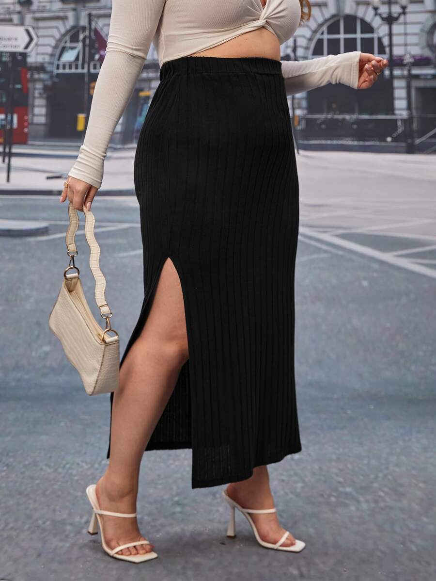 SHEIN Privé 大碼高腰高衩半身裙 - 黑色 - 查看 1