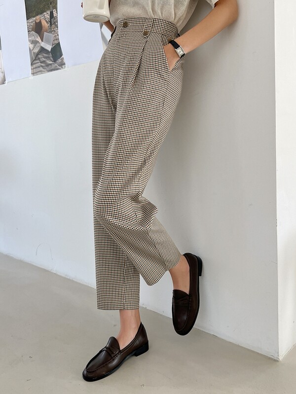 DAZY Pantalones con bolsillos en diagonal, detalles plisados y estampado a cuadros, pantalones de vestir para mujer, ropa de vuelta al colegio, pantalones de otoño para maestros