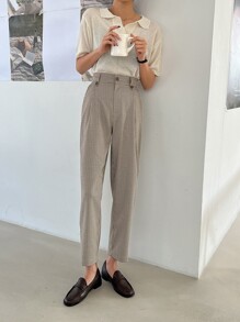 DAZY 格纹印花褶饰斜口袋裤，女士正装裤，返校服，秋季教师裤 - 卡其色 - 查看 5